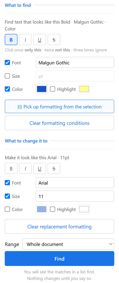 Formatting conditions: bold selected, font Malgun Gothic and color ticked, size unticked and grayed out; below, the replacement formatting with font Arial and size 11.